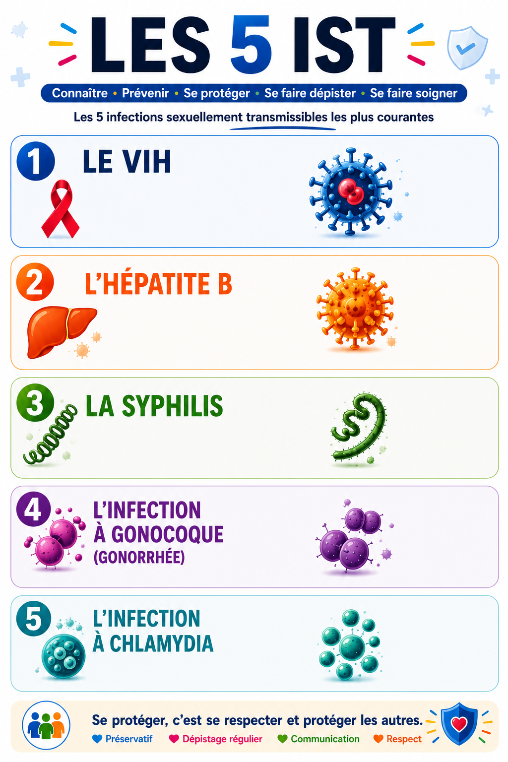 Les 5 IST dépistées par Mon test IST : VIH, hépatite B, syphilis, gonocoque, chlamydia